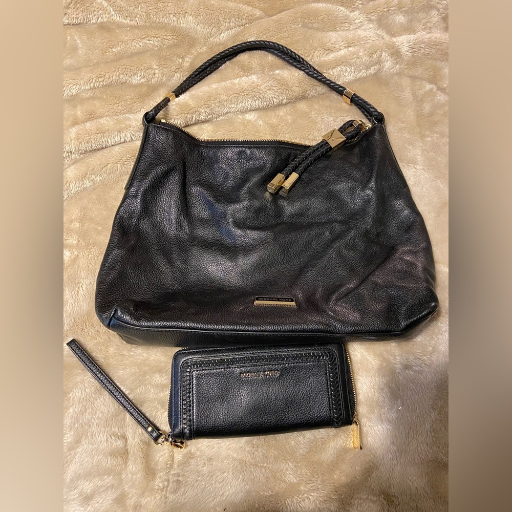 Michael Kors, black and gold purse, and wallet